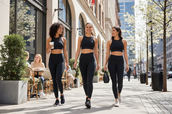 Three women in black activewear walking confidently on a city street