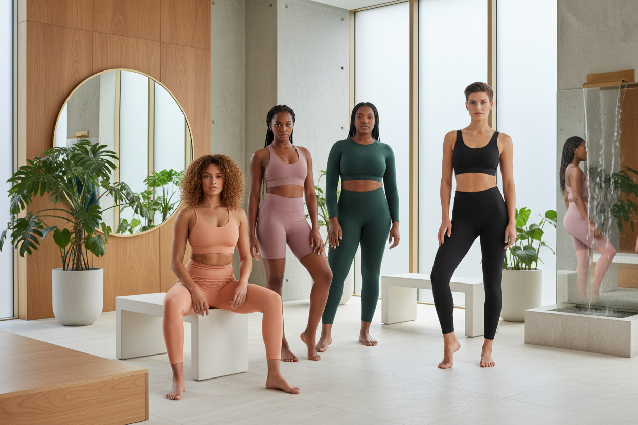 Four women in peach, mauve, dark green, and black activewear sets in a modern spa inspired studio