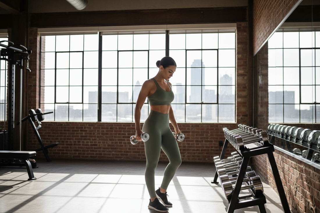 Confident woman in sage green matching activewear set picking up dumbbells in a luxury industrial gym with floor to ceiling windows and city views | Diva Goddess