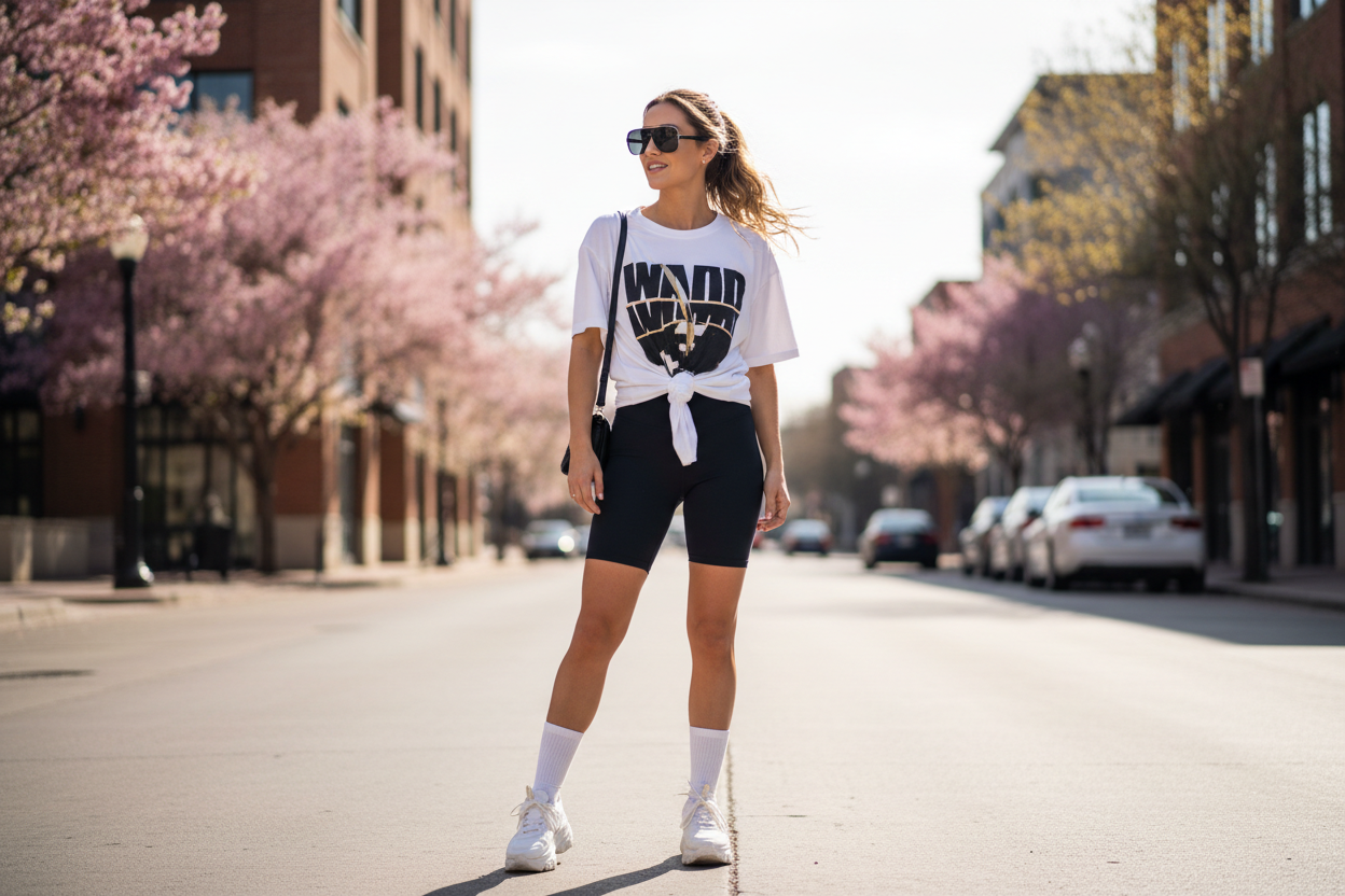 Stylish woman in Midnight Black biker shorts with tied graphic tee and white crew socks on Dallas street, athleisure 2026