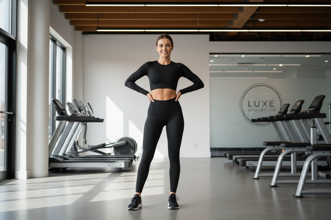 Confident woman in perfectly fitted high waist black compression leggings standing in a bright modern gym
