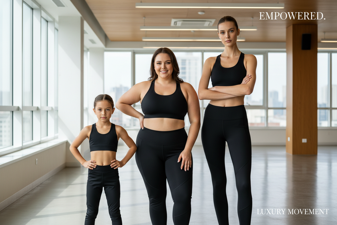 Three women of different body types, petite, plus size, and tall, all wearing perfectly fitted premium black activewear in a bright modern gym studio