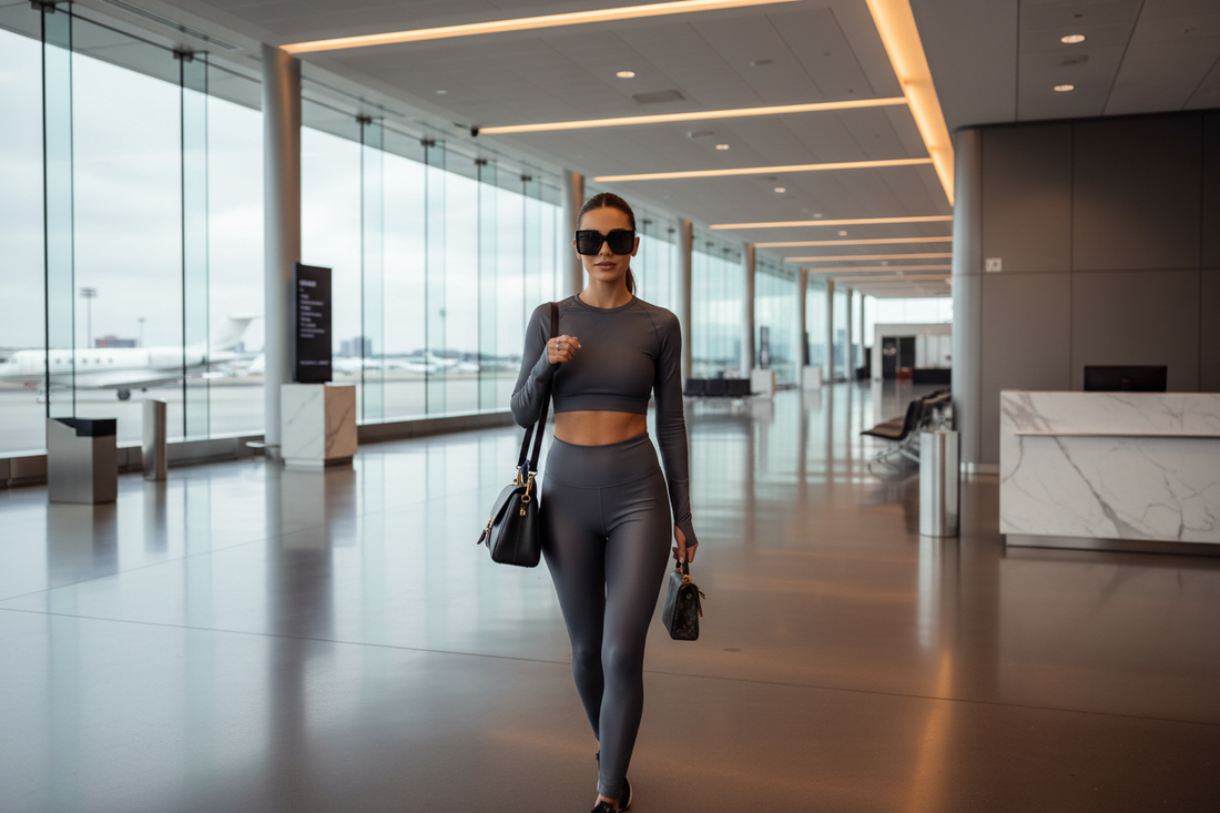 Stylish confident woman in a grey matching activewear set walking through a modern luxury airport terminal with designer bags