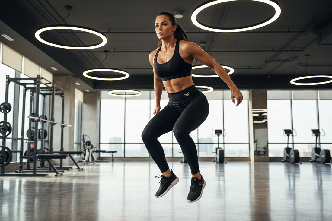 Athletic woman in a black sports bra and compression leggings doing a jump squat in a luxury modern gym with floor to ceiling windows and city views
