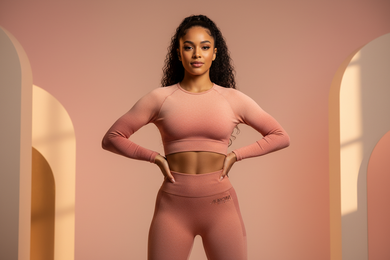 Confident woman in premium peach matching activewear set standing powerfully in a warm studio