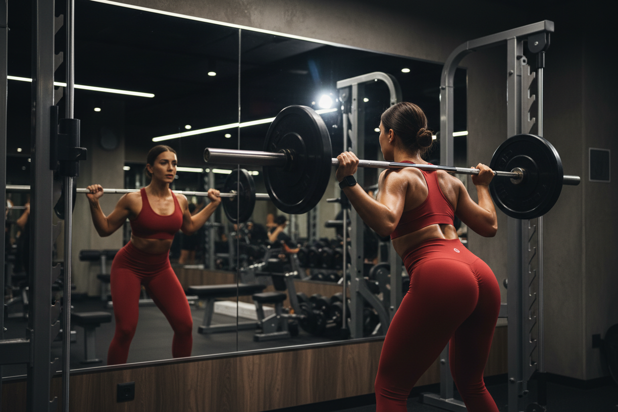 Woman in cherry red high compression activewear set lifting barbell in front of gym mirror