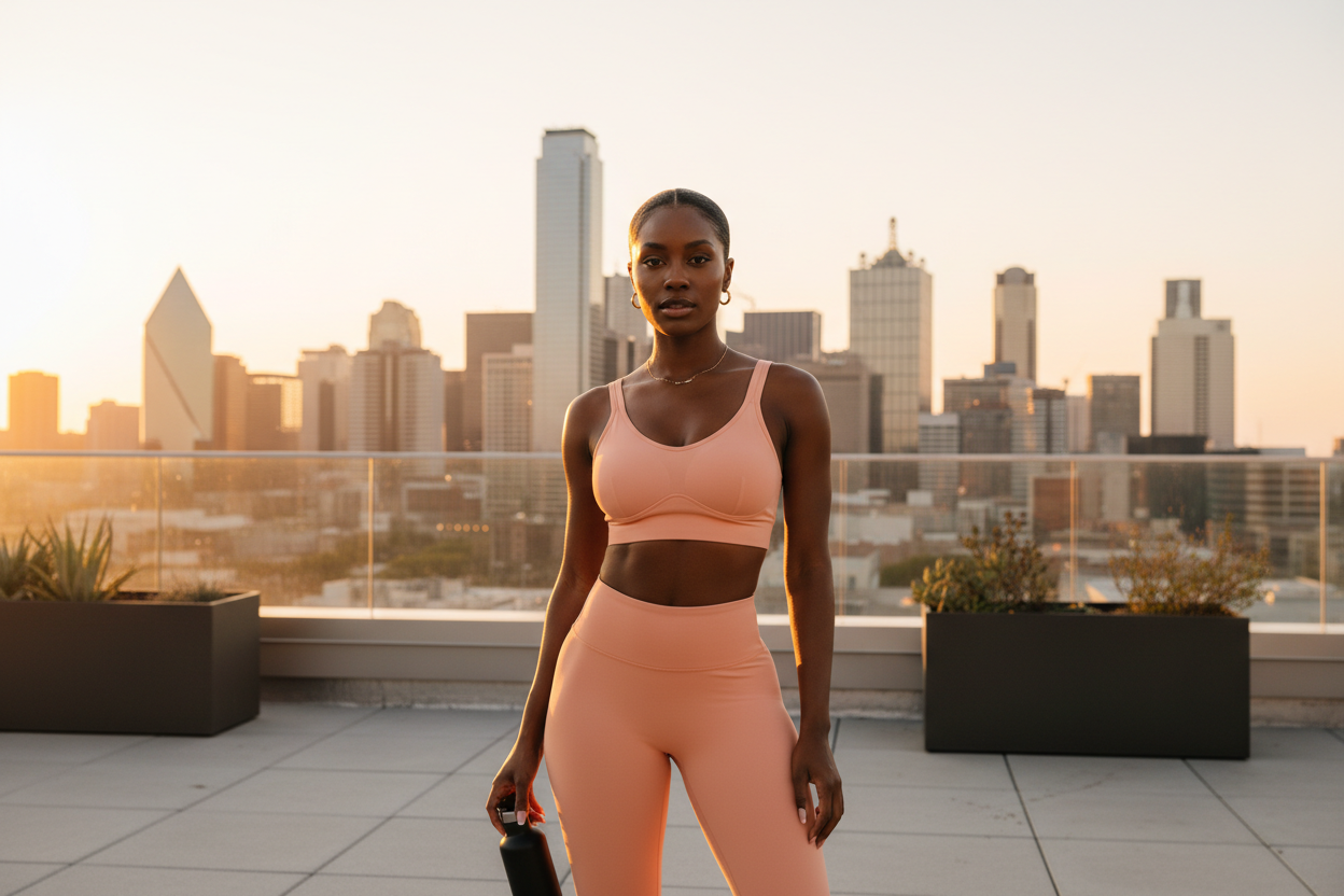 Black woman in peach activewear set on Dallas rooftop at golden hour, clean girl aesthetic
