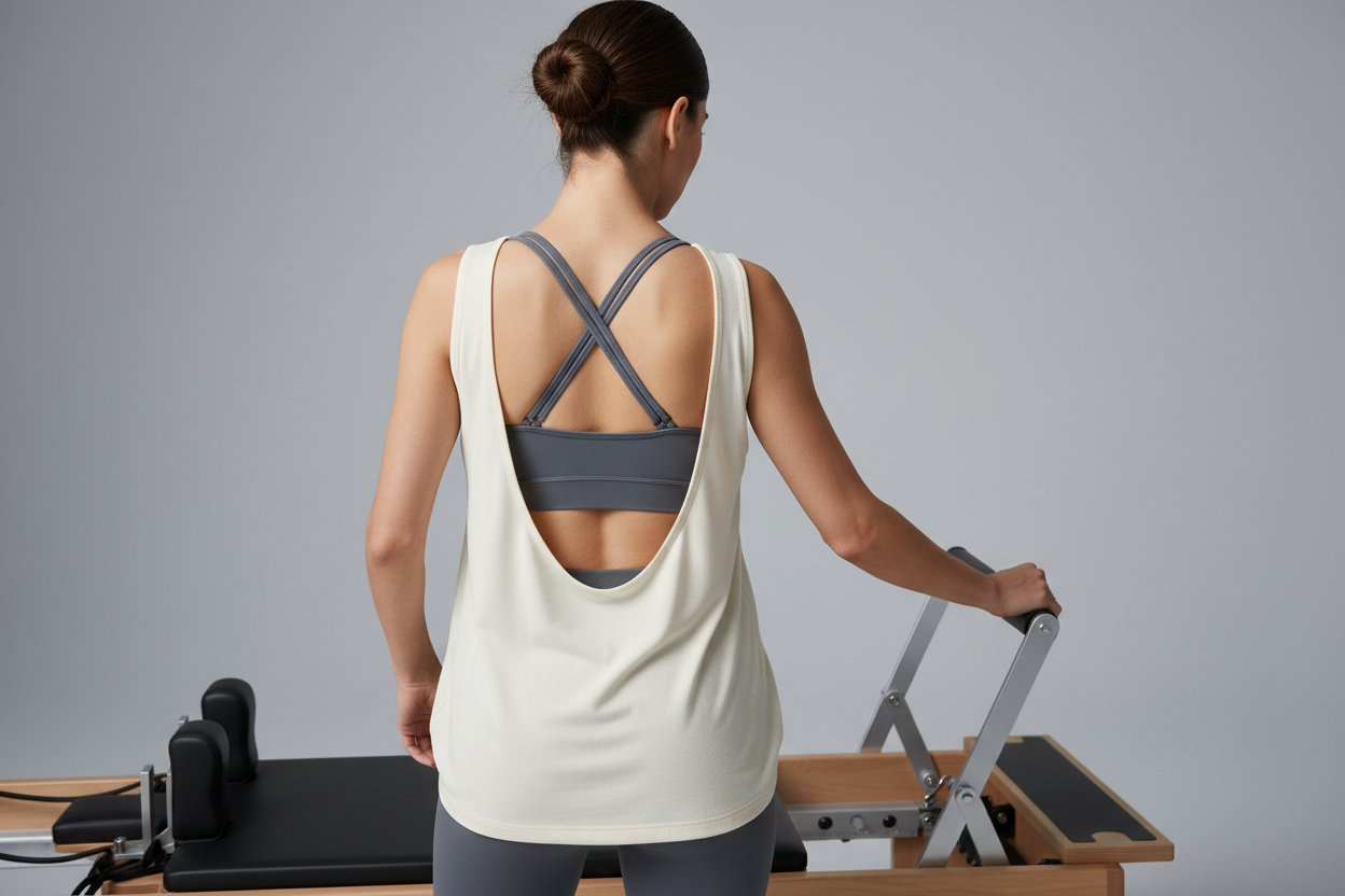 Woman from the back wearing a solid luxurious cream open-back performance tank top over a slate grey sports bra while adjusting a Pilates reformer machine