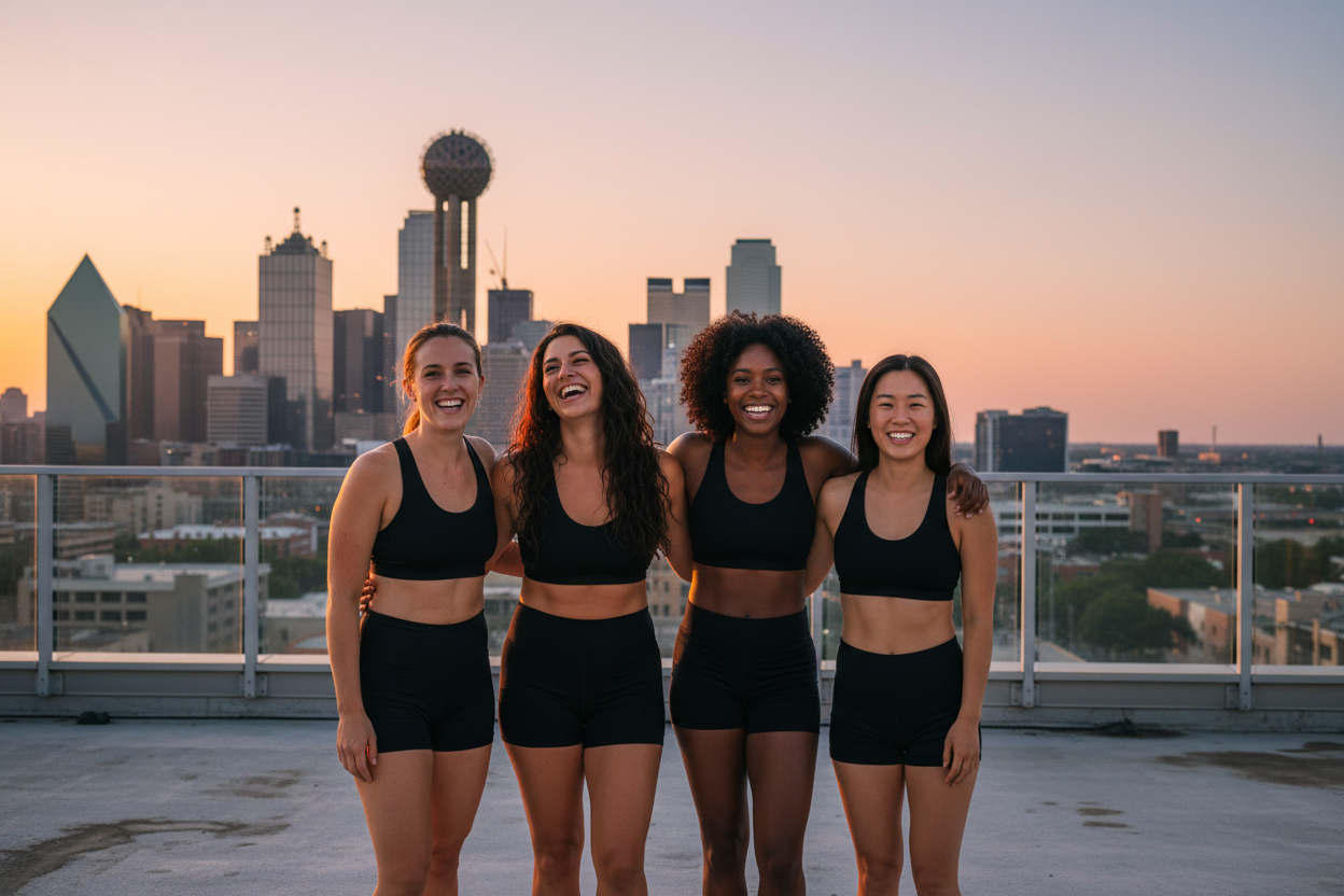 Diverse women wearing Diva Goddess compression activewear on a Dallas TX rooftop with Reunion Tower skyline