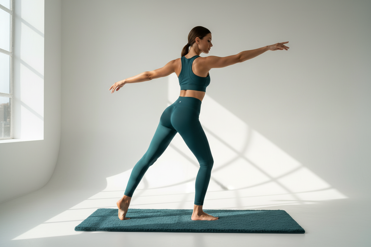 Woman in dark teal high-waisted ruched seam compression leggings and sports bra on a Pilates mat in a bright studio showcasing the visual lift and curvature of the back stitching