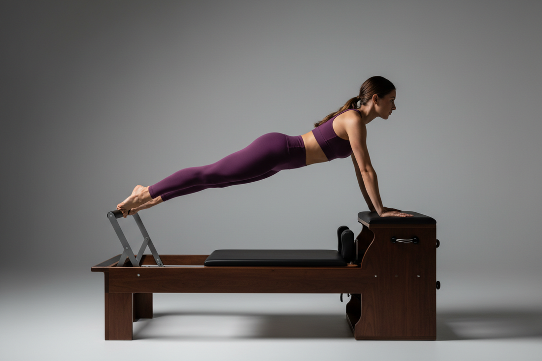 Woman in solid deep plum purple high-compression matching activewear set performing a plank on a wooden Pilates reformer machine in professional studio