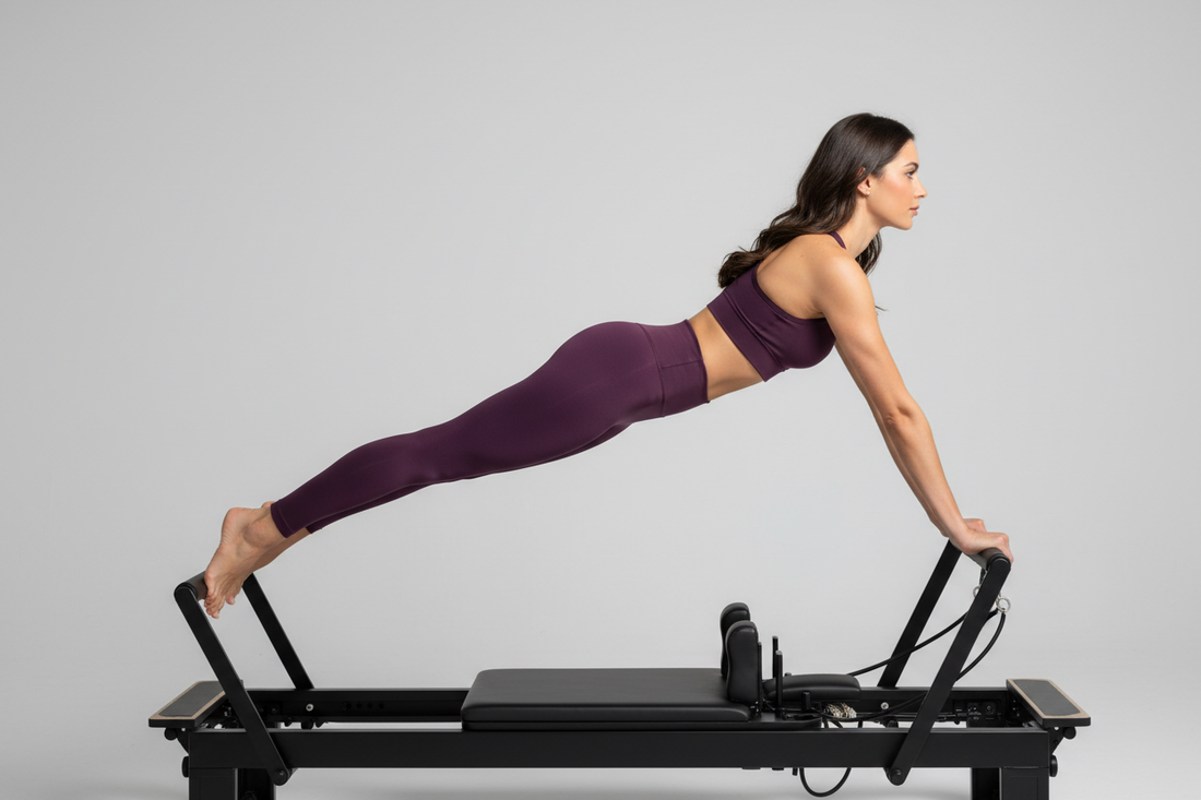 Woman in solid deep plum purple high-compression matching activewear set in a plank position on a Pilates reformer carriage from a side angle view