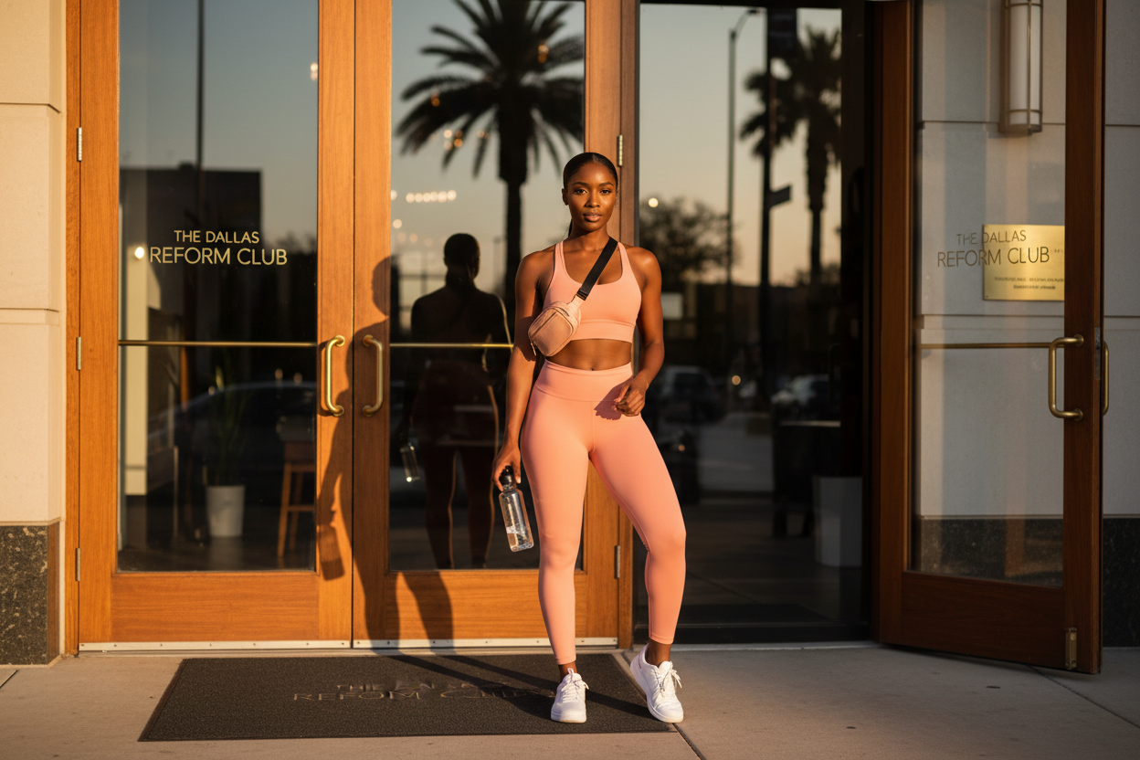 Black woman in peach activewear set standing at The Dallas Reform Club at golden hour