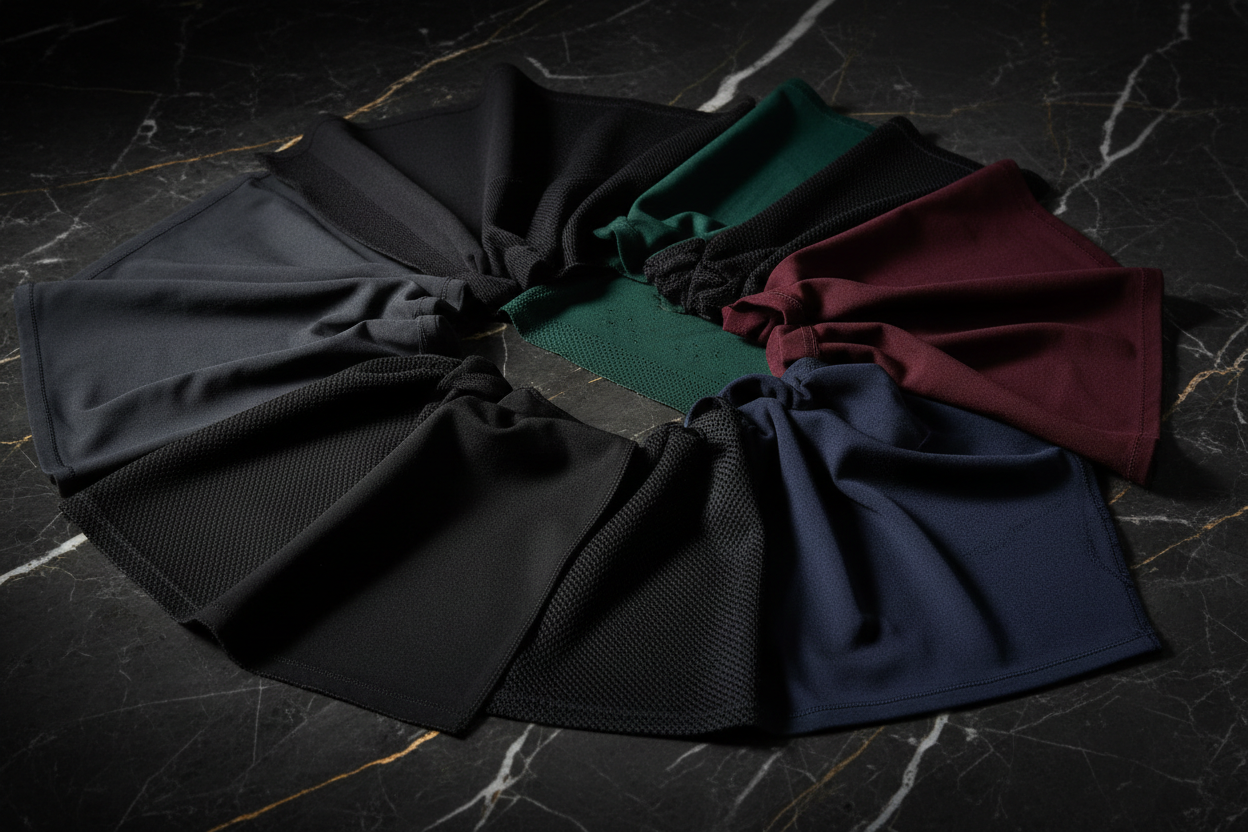 Premium activewear fabric swatches in dark colors arranged on a dark marble surface