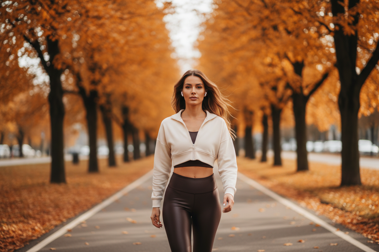 Confident woman in espresso high-gloss leggings and cream cropped quarter-zip pullover walking down a tree-lined path with golden orange fall foliage and wireless earbuds | Diva Goddess