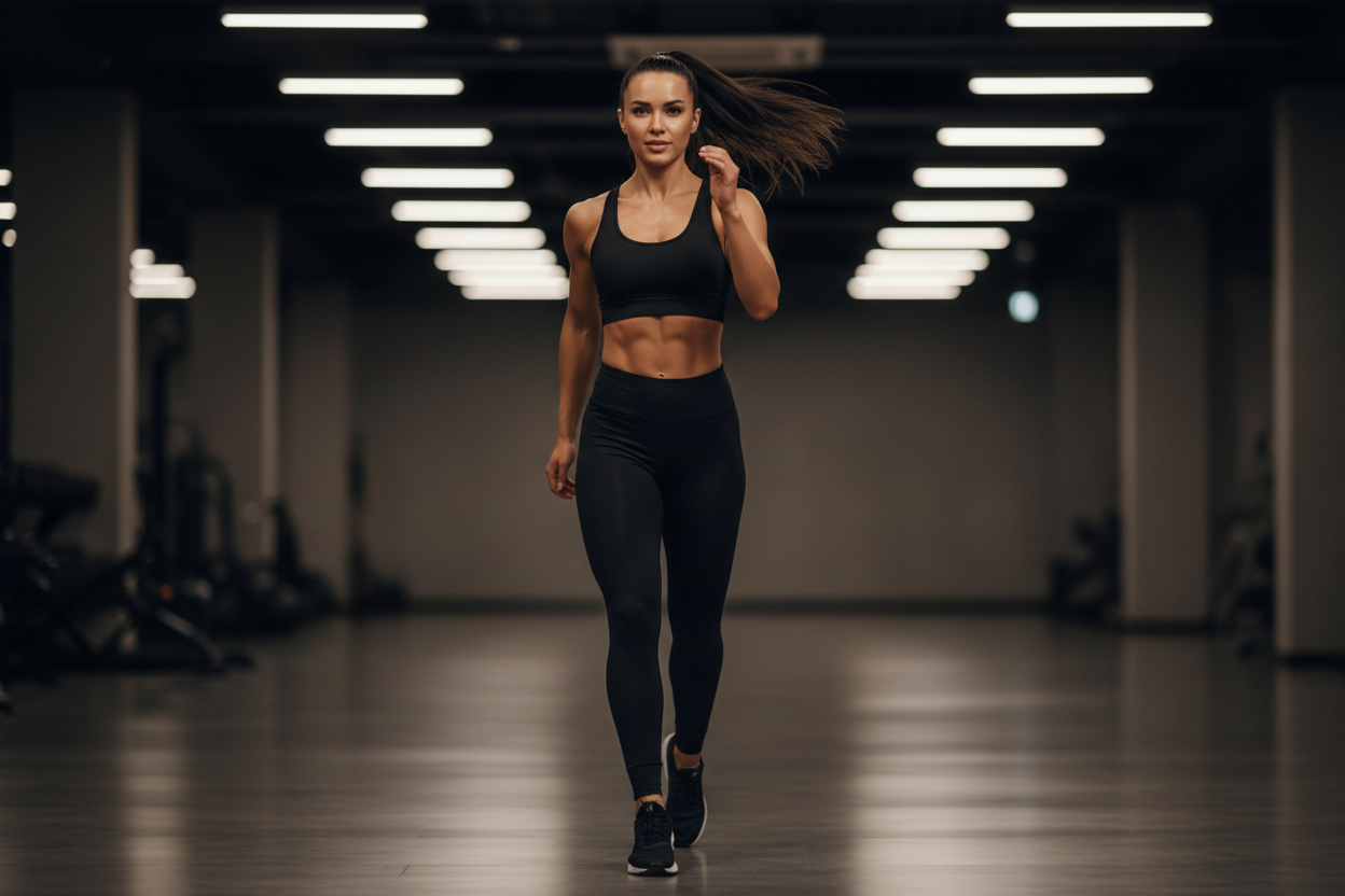 Woman mid-stride in solid black high-waist compression leggings in a gym | Diva Goddess