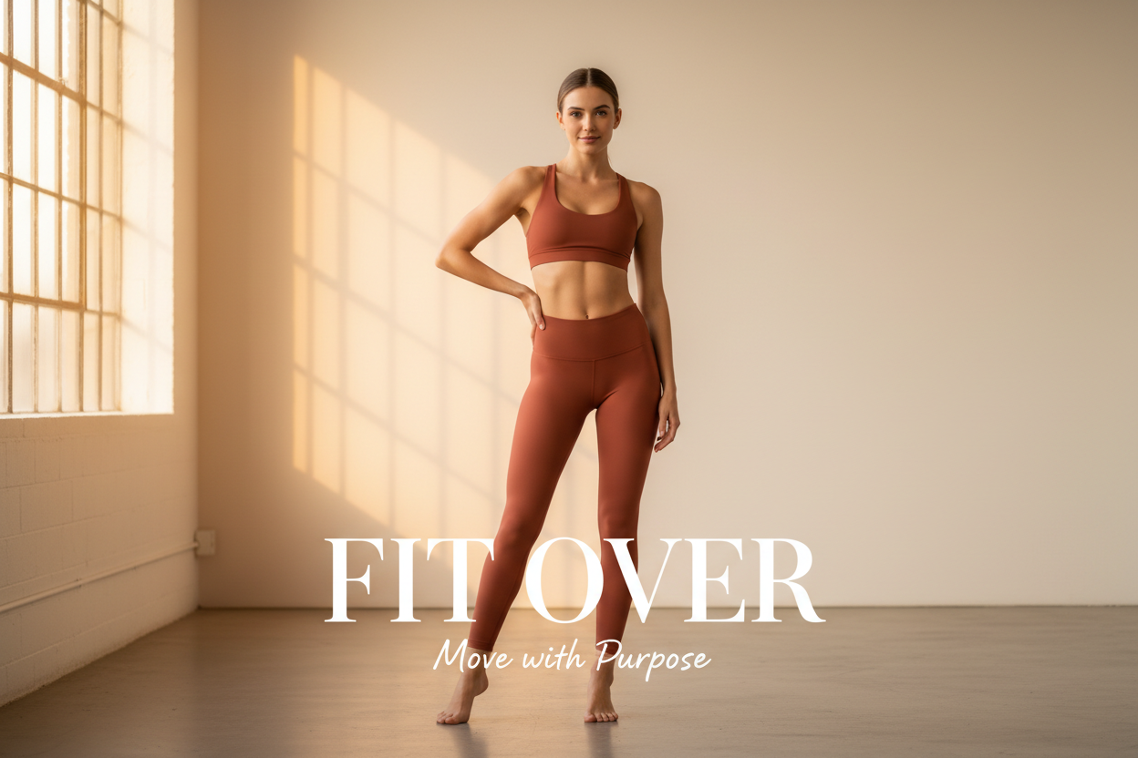 Beautiful woman in terracotta high-waist leggings and sports bra standing gracefully in a bright airy studio