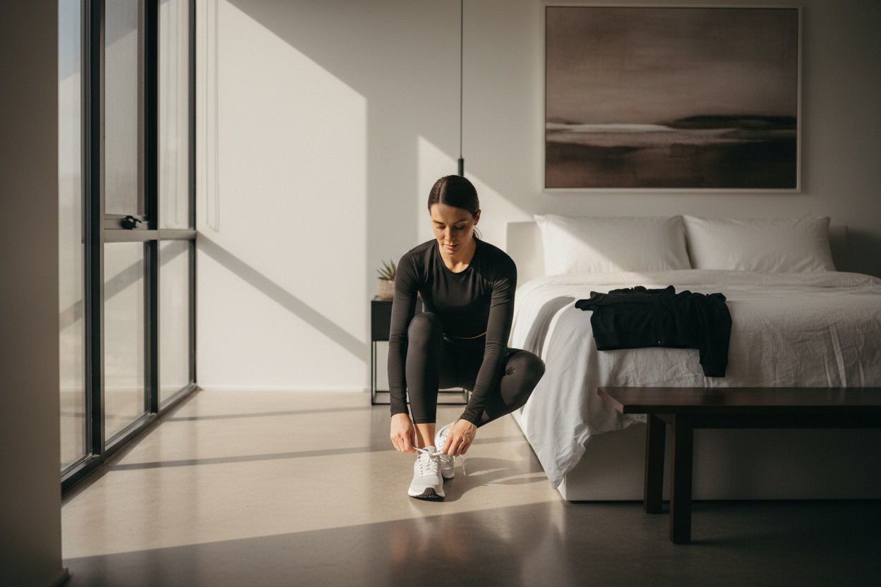 Woman in black matching activewear set tying white sneakers on bedroom floor in soft morning light with minimalist decor | Diva Goddess