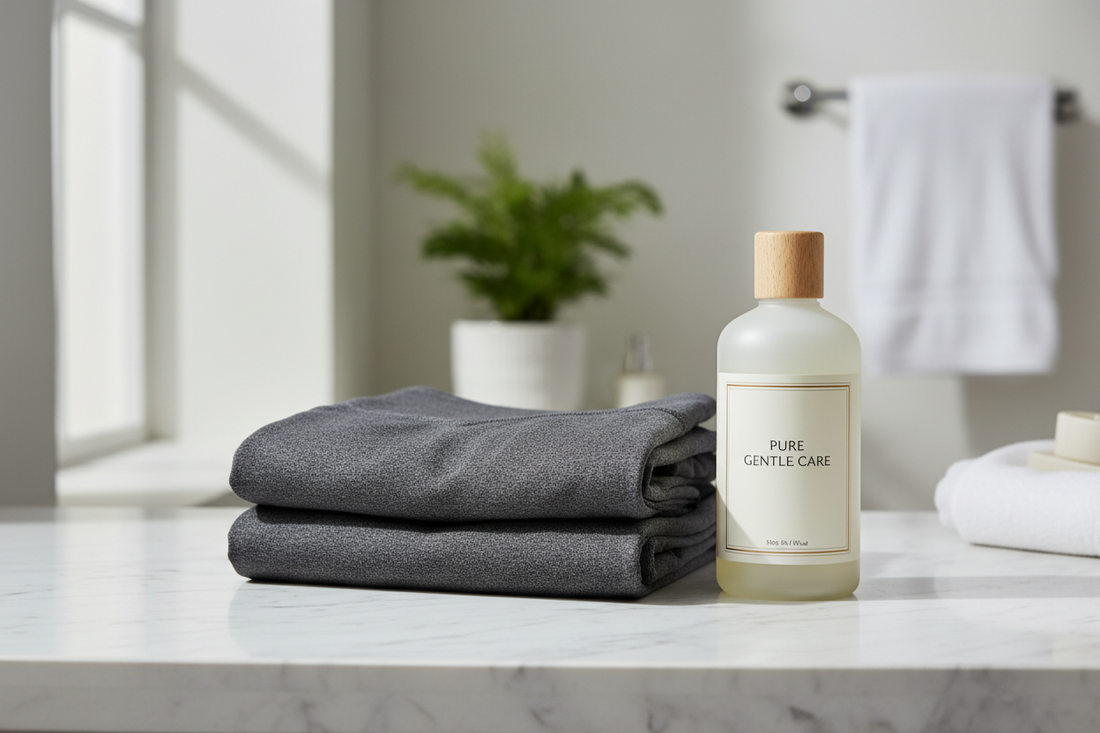 Premium dark activewear leggings and sports bra folded next to gentle laundry detergent on marble surface