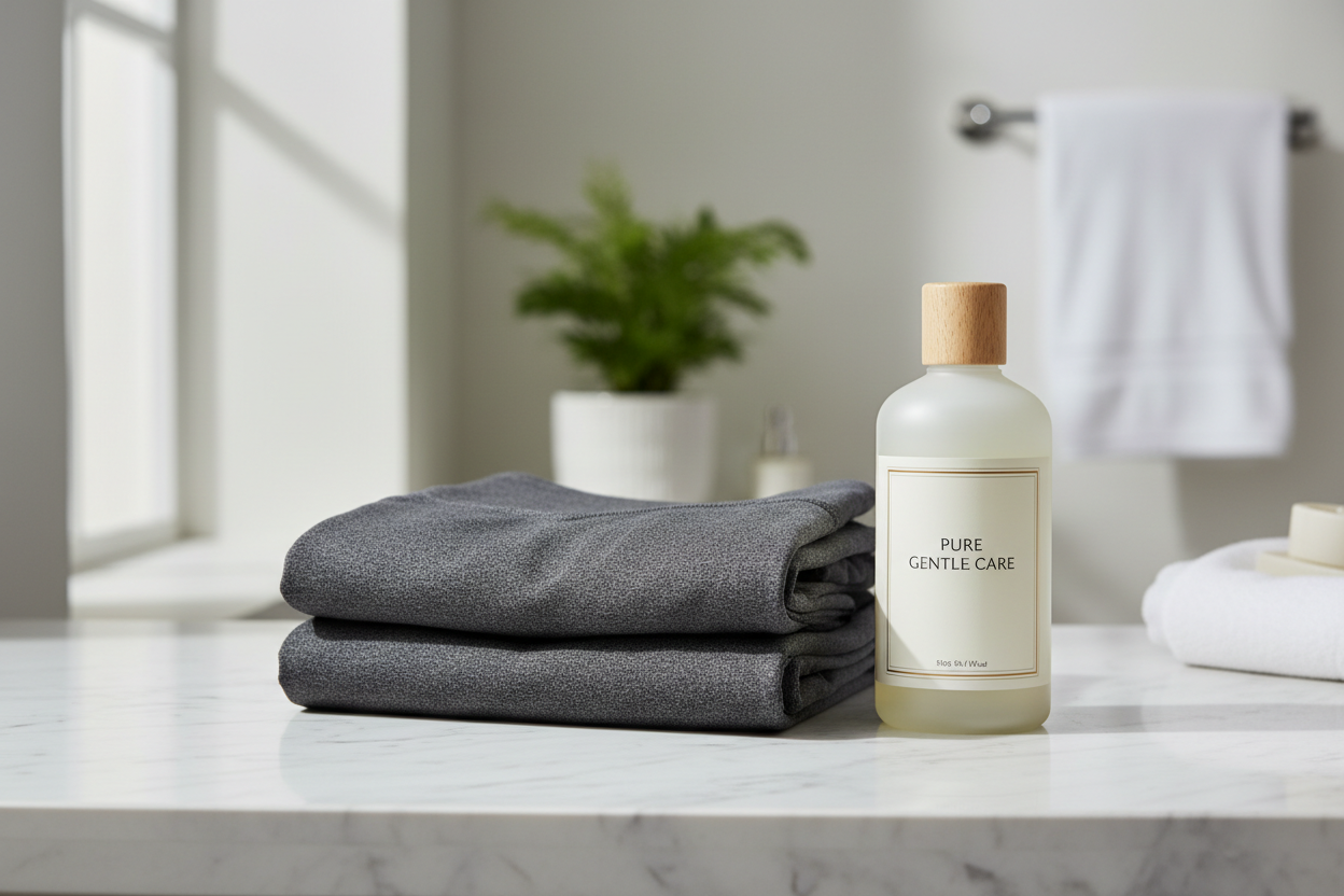 Premium dark activewear leggings and sports bra folded next to gentle laundry detergent on marble surface