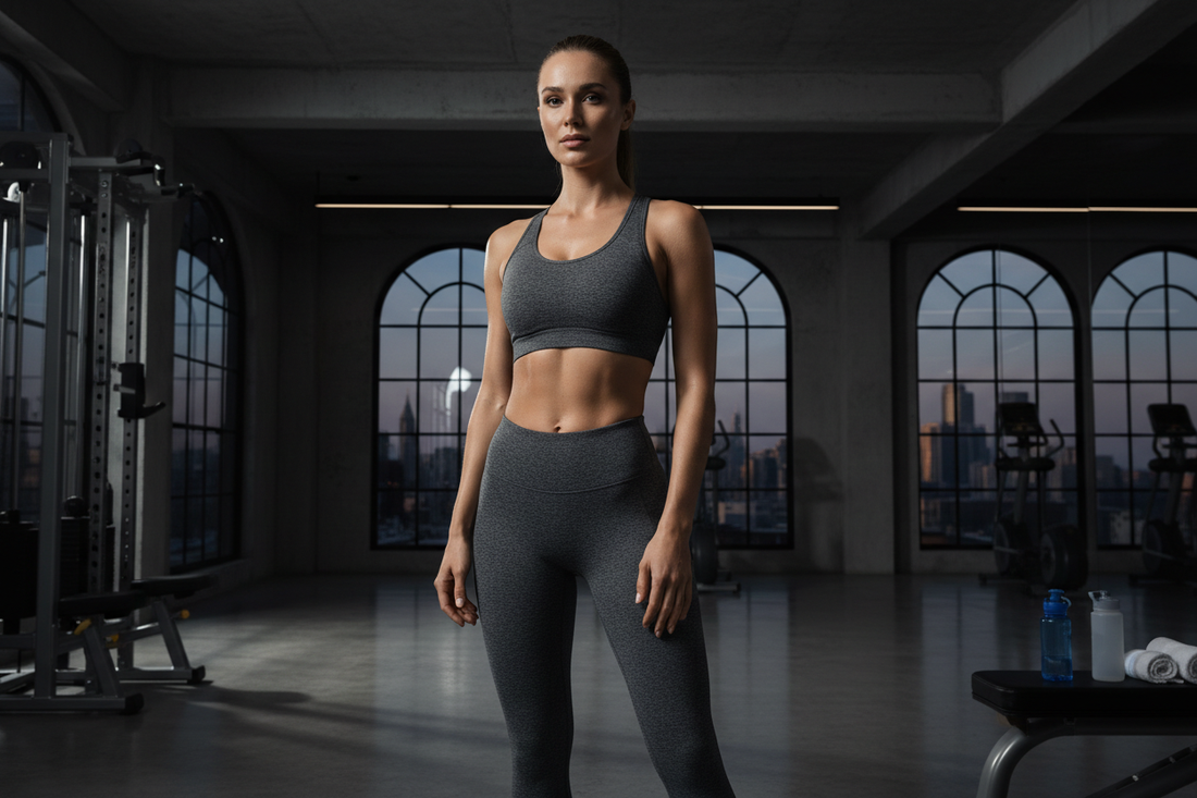 Woman in dark premium sports bra looking confident and fresh in a luxury gym