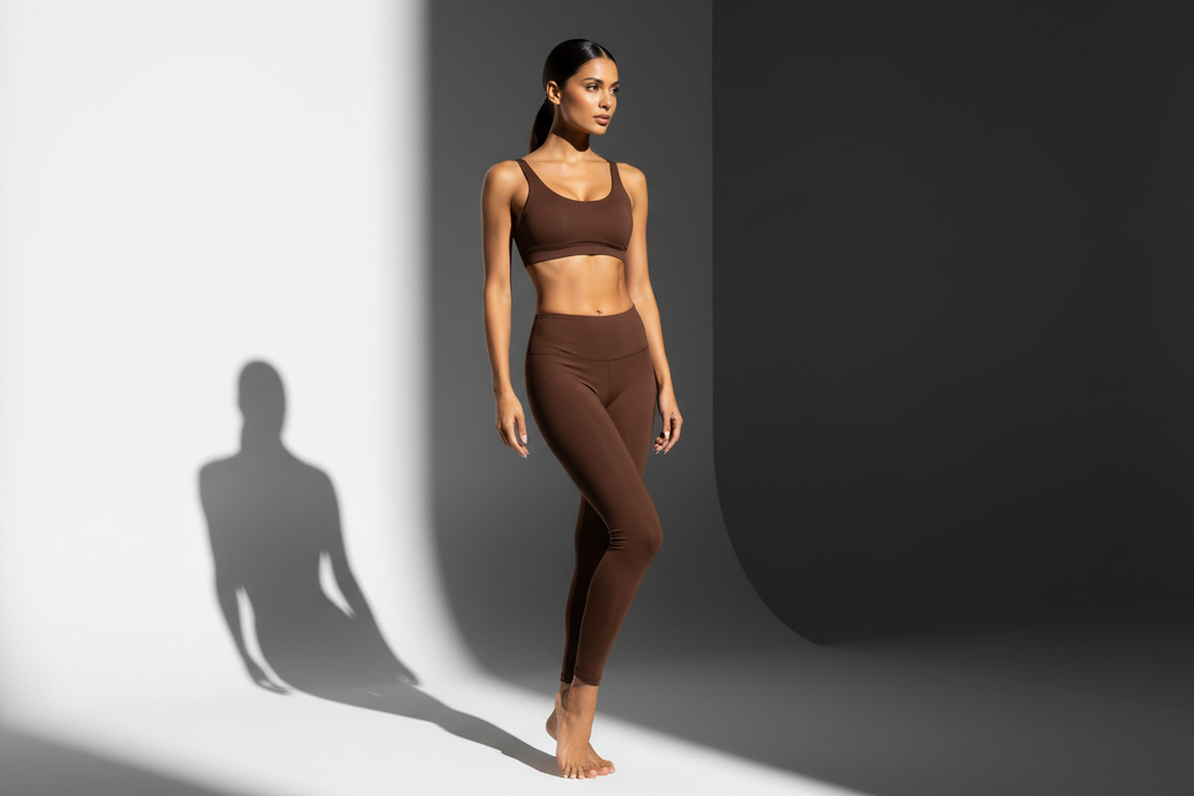 Slim woman with warm golden skin in espresso chocolate brown high-waisted matching leggings and sports bra in luxury studio setting