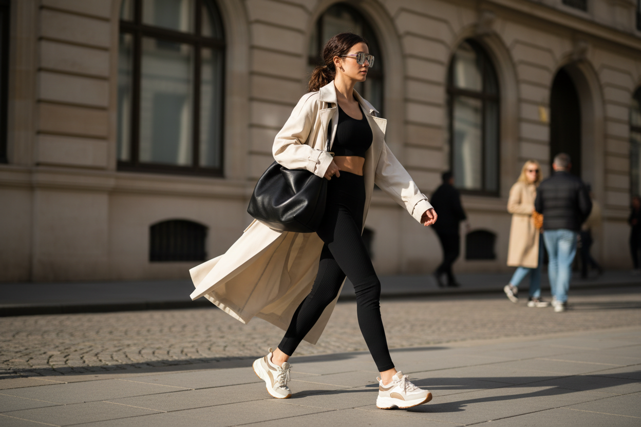 Slim woman walking city sidewalk in black leggings and sports bra under cream trench coat with chunky sneakers and sunglasses