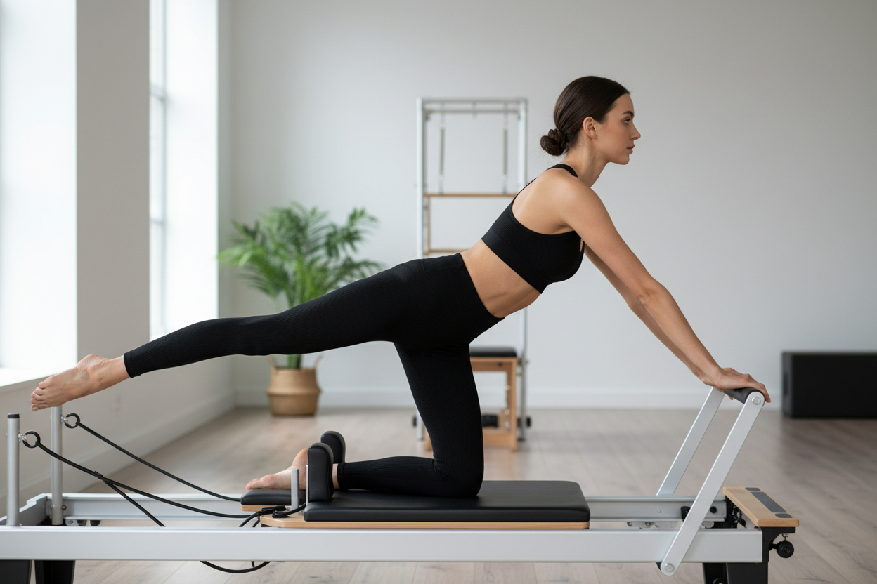 Slim graceful woman in black scrunch leggings and sports bra mid-stretch on a Pilates reformer in a bright studio