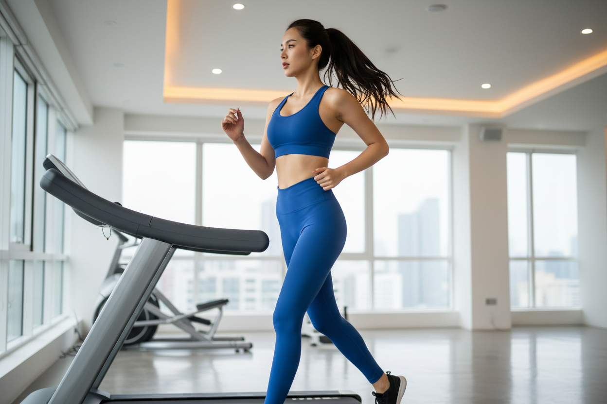 Slim woman running on treadmill in cobalt blue high-waisted matching leggings and sports bra with secure locked-in waistband