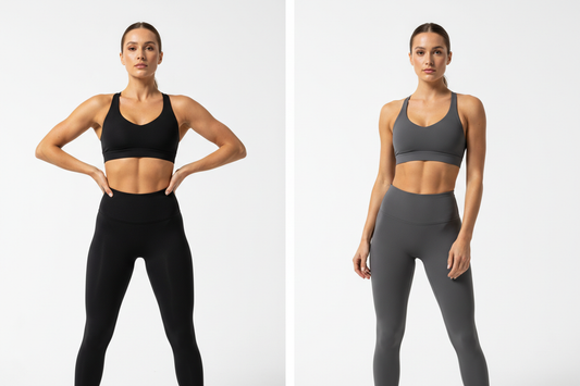 Side by side comparison of woman in high-waisted black sculpting leggings versus woman in mid-rise charcoal leggings both with matching sports bras on white studio background | Diva Goddess