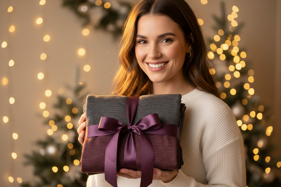 Smiling woman holding a deep plum purple wrapped activewear gift box with satin ribbon in front of warm holiday bokeh lights