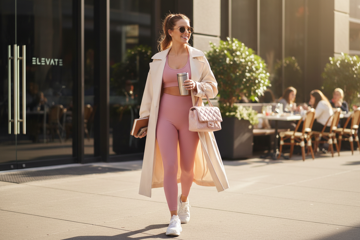 Stylish woman wearing matching pink Diva Goddess activewear set styled for everyday wear beyond the gym