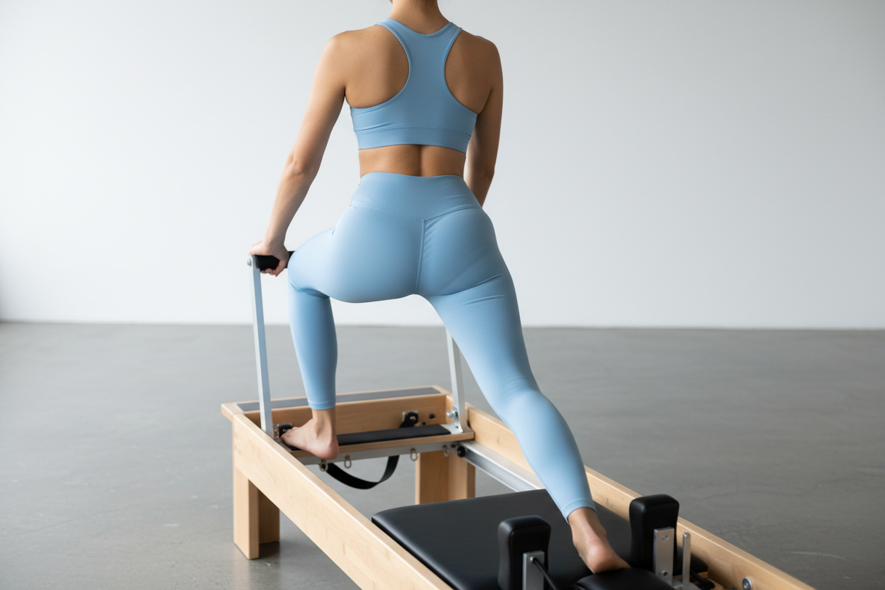 Woman from behind in ice blue high-compression leggings and racerback sports bra on a Pilates reformer showcasing fabric stability and pristine stretch retention