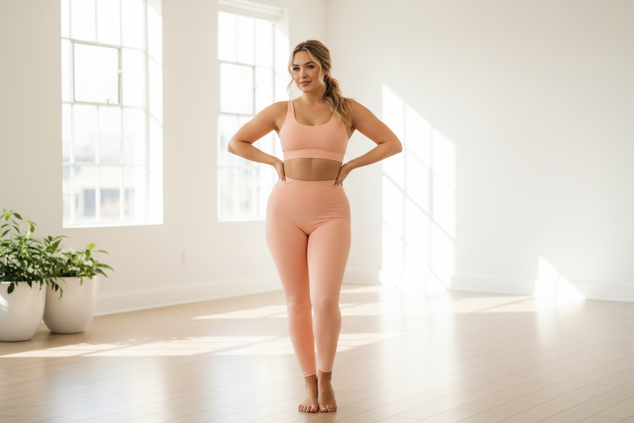 White woman with natural feminine figure in premium peach matching activewear set in bright studio