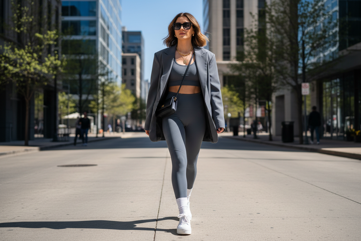 Woman in Slate Grey matching activewear set with oversized blazer walking Dallas street, elevated athleisure 2026