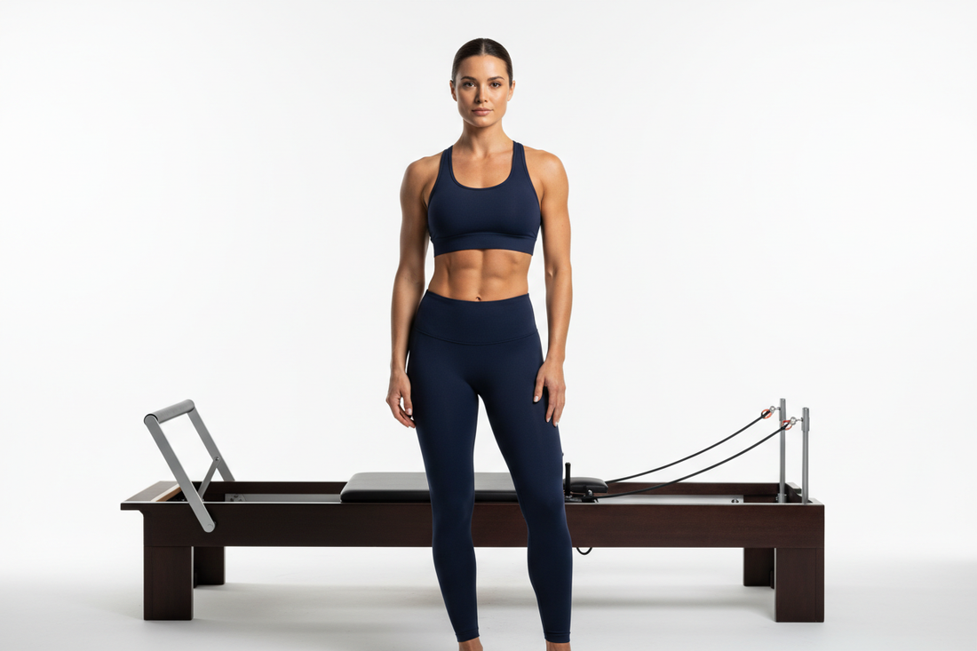 Athletic woman in midnight navy racerback sports bra and high-waisted compression leggings standing in front of a Pilates reformer demonstrating flawless opaque fabric coverage