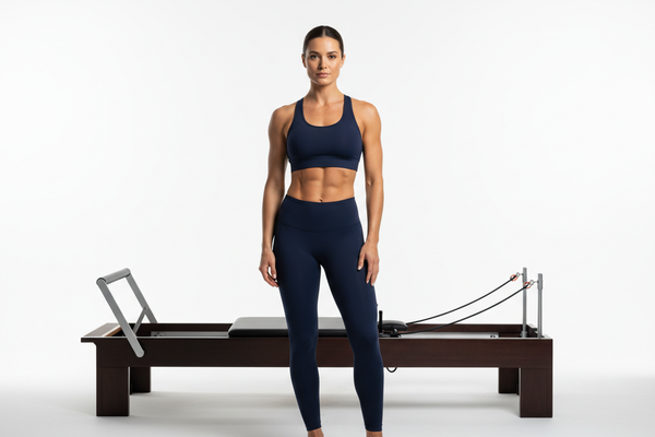 Athletic woman in midnight navy racerback sports bra and high-waisted compression leggings standing in front of a Pilates reformer demonstrating flawless opaque fabric coverage