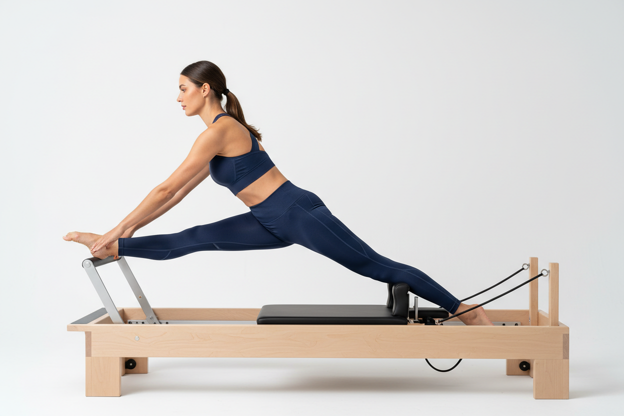 Woman in navy blue high-compression leggings and sports bra executing a dynamic side split stretch on a wooden Pilates reformer carriage in a bright studio