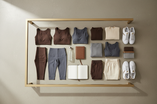 Curated neutral activewear capsule wardrobe flat-lay in espresso brown, slate grey, and cream on gold-framed rack