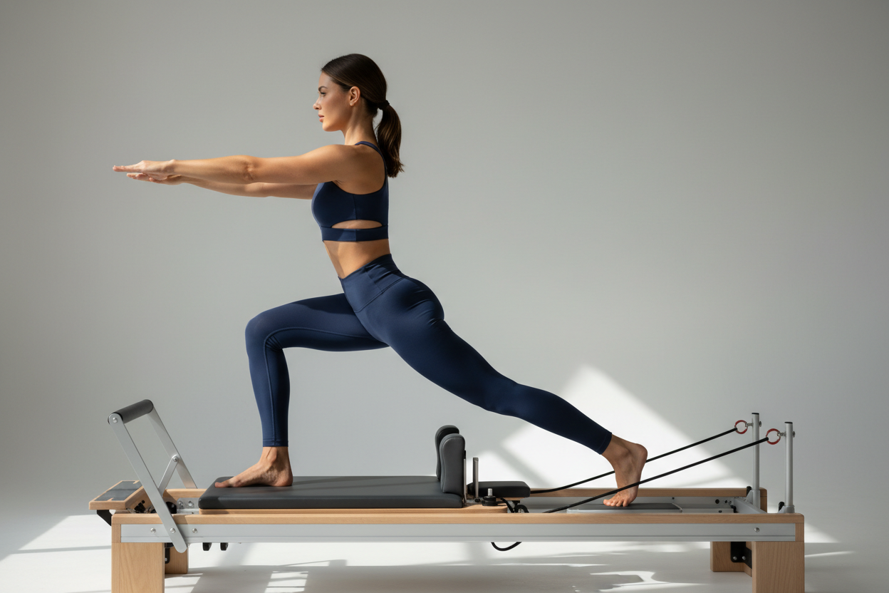 Woman in navy blue high-compression leggings and sports bra performing a controlled lunging pulse on a Pilates reformer in a bright studio