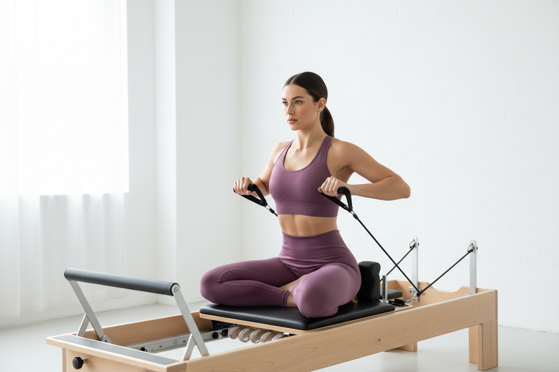 Woman in plum purple seamless compression leggings and racerback sports bra on a Pilates reformer carriage pulling resistance straps in a bright clean studio