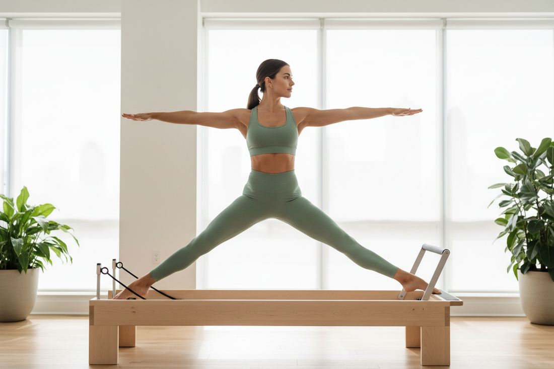 Woman in sage green micro ribbed high-waisted compression leggings and sports bra on a wooden Pilates reformer in a bright studio