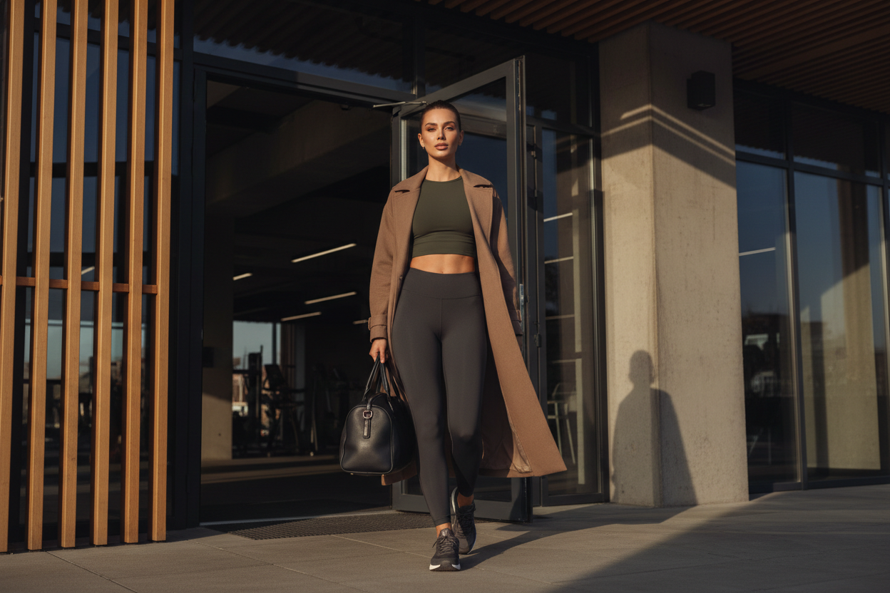 Woman walking out of gym in high waist leggings and sports bra with long coat and gym bag, golden hour lighting | Diva Goddess