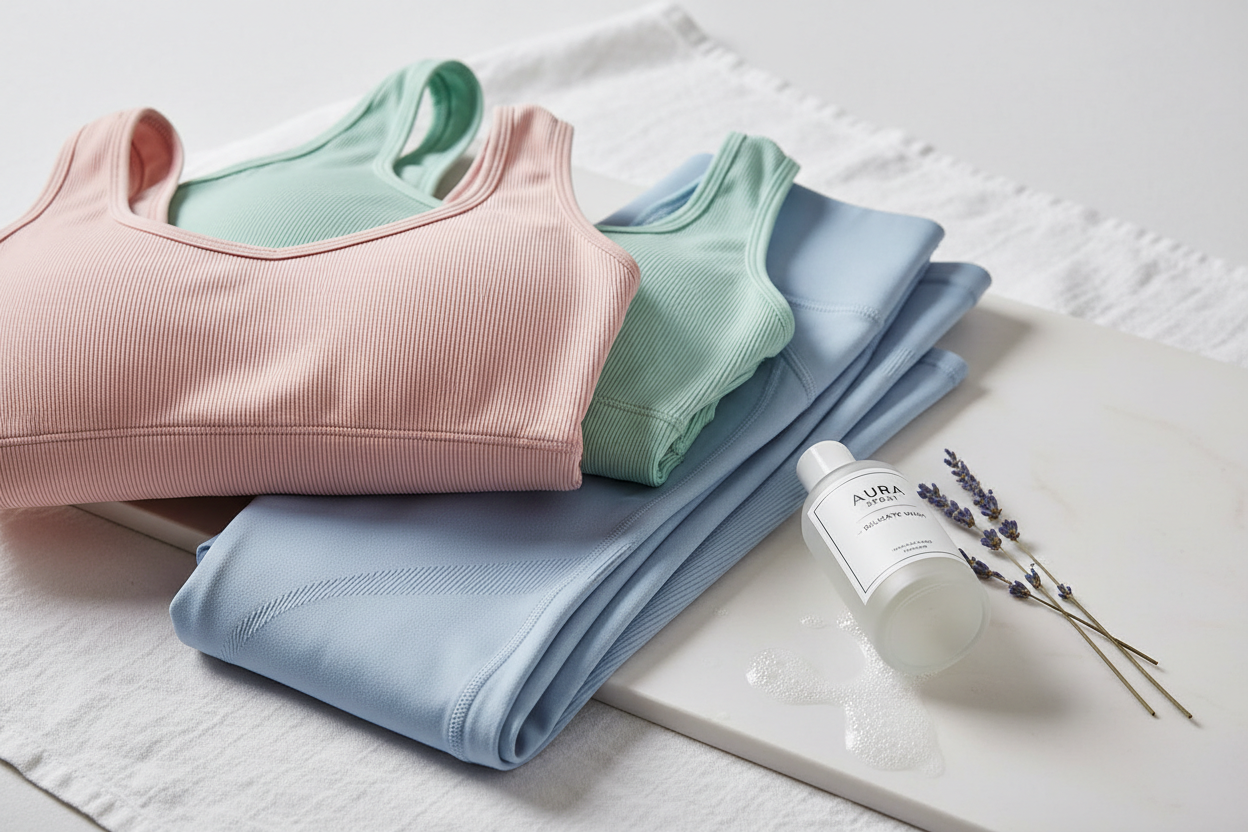 Neatly folded premium women's activewear leggings and sports bra set in soft pastel colors on a clean white surface, Diva Goddess activewear care guide.