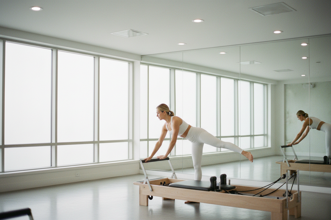 Woman in white matching activewear set performing an elegant leg extension on a wooden Pilates reformer in a bright minimalist studio with floor to ceiling windows | Diva Goddess