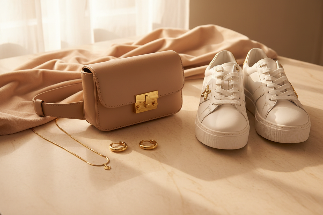 Luxury activewear accessories flat lay with belt bag, gold jewelry, and white platform sneakers