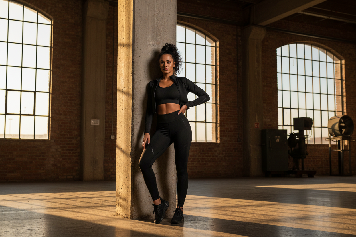 Confident woman in all-black premium activewear leaning against a concrete pillar in a dramatic industrial warehouse with golden light