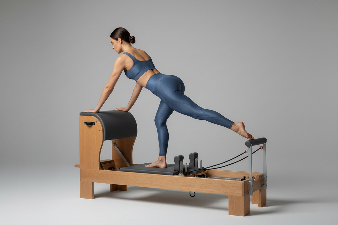 Woman in slate blue square-neck sports bra and high-waisted glute-sculpting leggings executing a donkey kick extension on a Pilates reformer showcasing contour panels and fabric lift