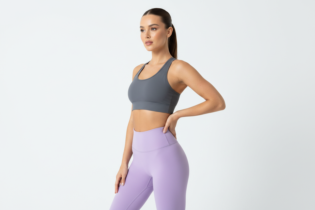 Woman in color-blocked slate grey sports bra and soft lavender high-waisted leggings in front three-quarter profile studio shot