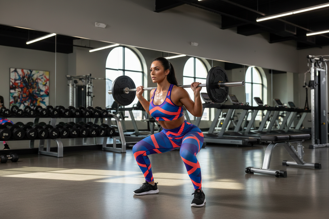 Woman performing a squat wearing a squat-proof activewear set in a gym